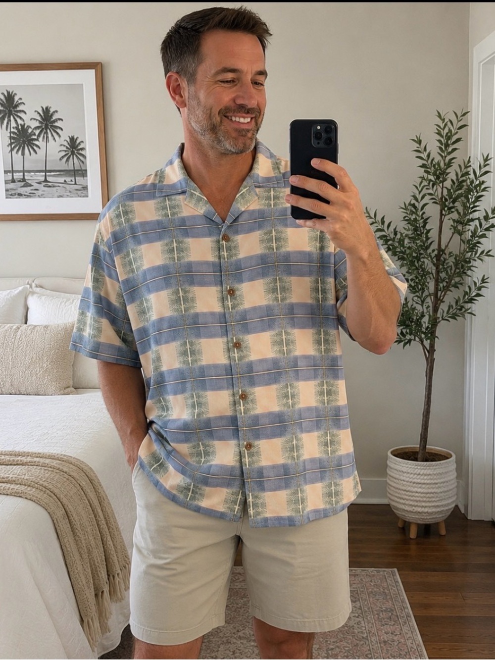 Tommy Bahama Shirt-Mens XL- Blue Green White Plaid- Silk Blend- Hawaiian Camp